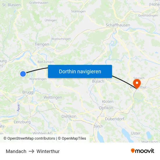 Mandach to Winterthur map