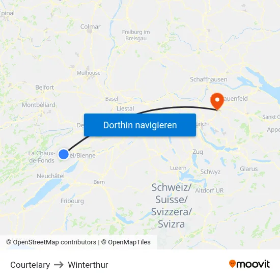 Courtelary to Winterthur map