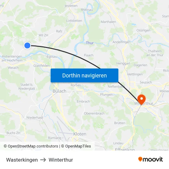 Wasterkingen to Winterthur map
