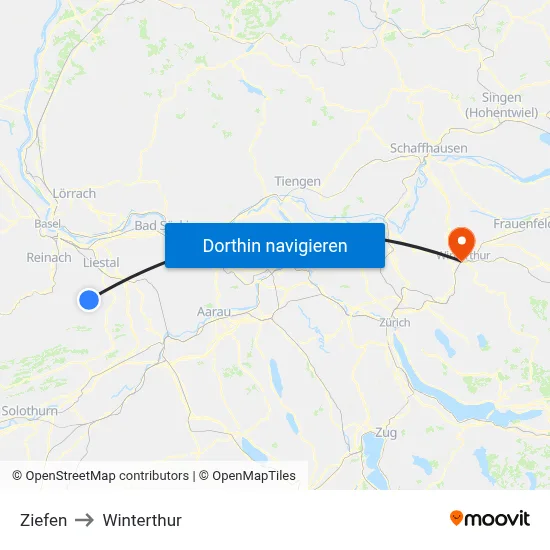 Ziefen to Winterthur map