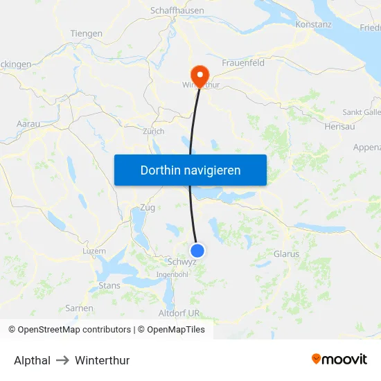 Alpthal to Winterthur map
