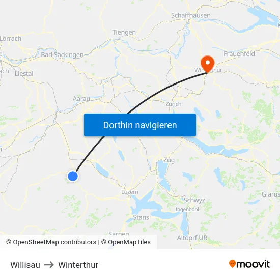 Willisau to Winterthur map