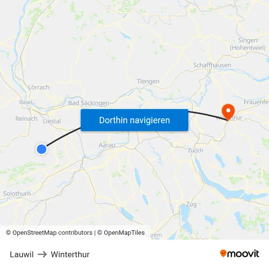 Lauwil to Winterthur map