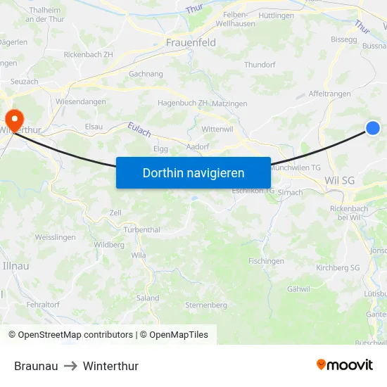 Braunau to Winterthur map