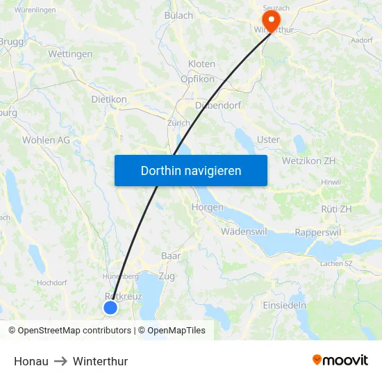 Honau to Winterthur map
