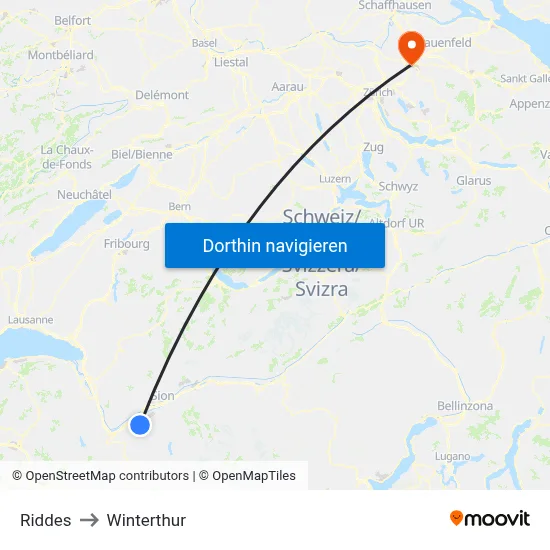 Riddes to Winterthur map