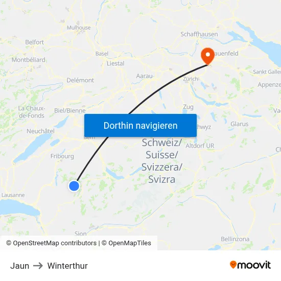 Jaun to Winterthur map