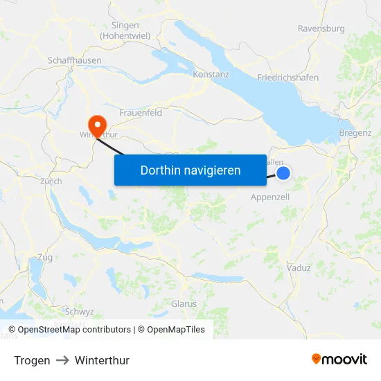 Trogen to Winterthur map