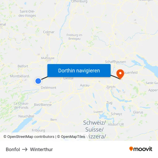Bonfol to Winterthur map