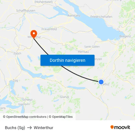 Buchs (Sg) to Winterthur map