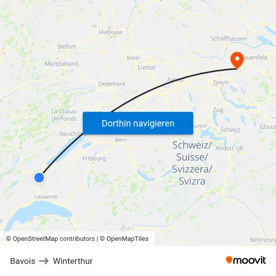 Bavois to Winterthur map