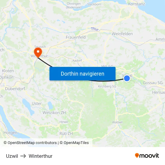 Uzwil to Winterthur map