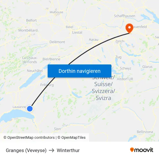 Granges (Veveyse) to Winterthur map