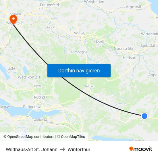 Wildhaus-Alt St. Johann to Winterthur map