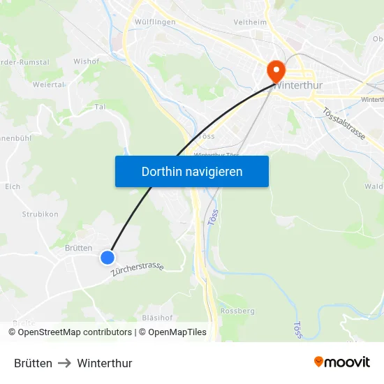 Brütten to Winterthur map