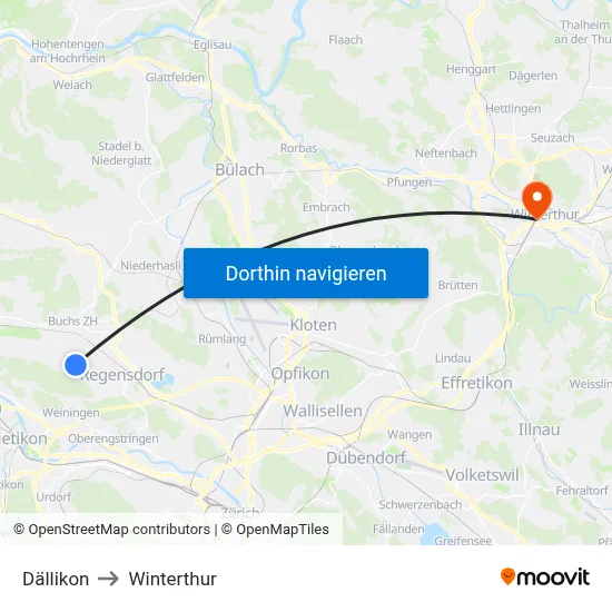 Dällikon to Winterthur map