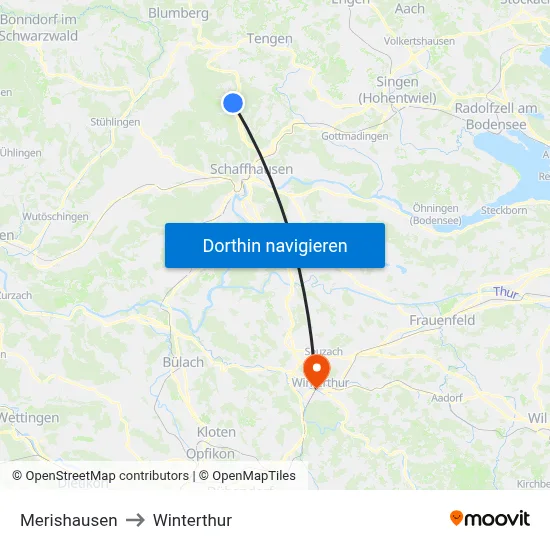 Merishausen to Winterthur map