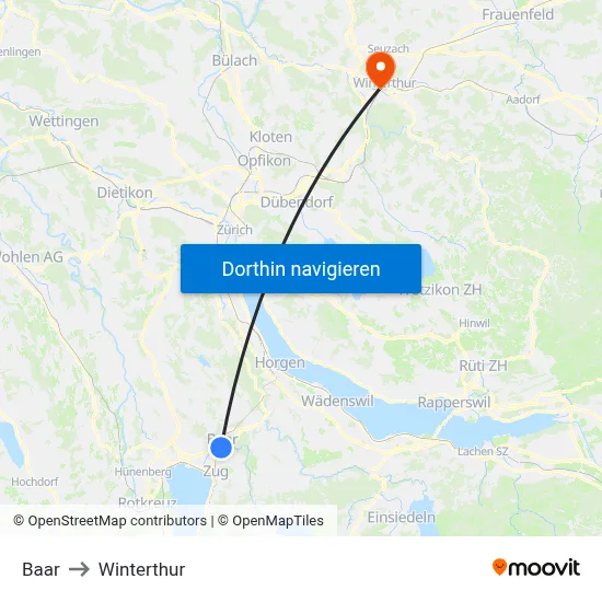 Baar to Winterthur map