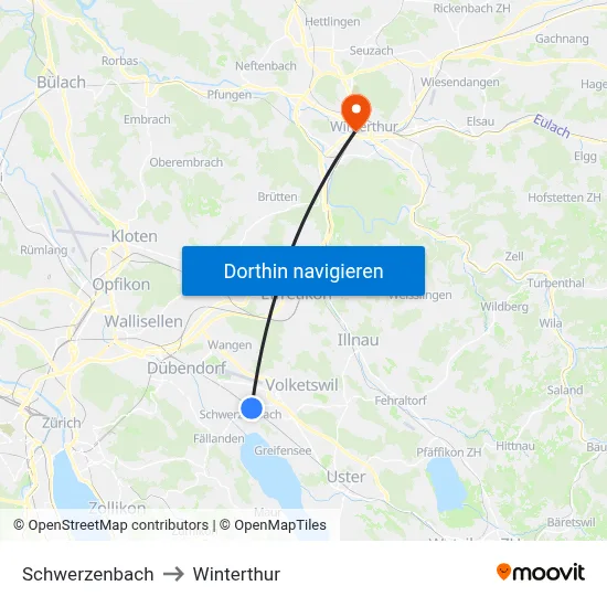 Schwerzenbach to Winterthur map