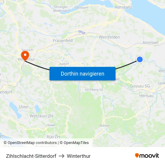 Zihlschlacht-Sitterdorf to Winterthur map