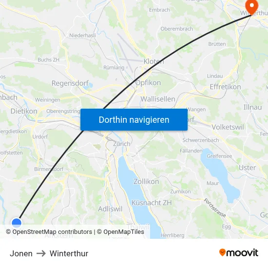 Jonen to Winterthur map