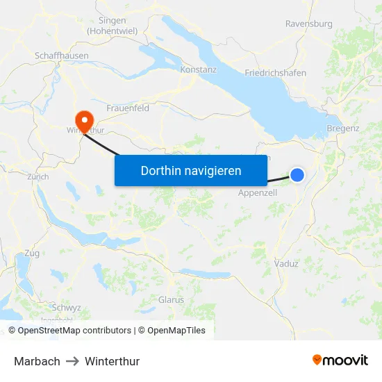 Marbach to Winterthur map