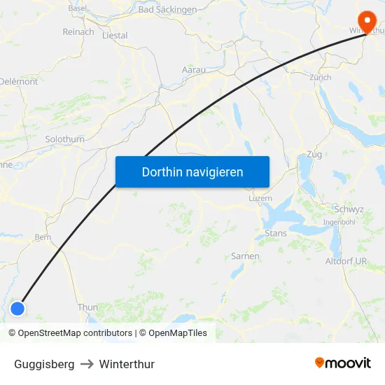Guggisberg to Winterthur map
