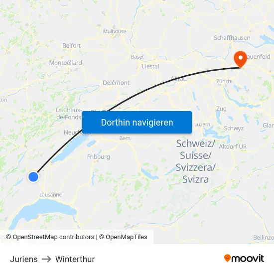 Juriens to Winterthur map