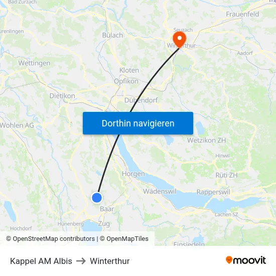 Kappel AM Albis to Winterthur map