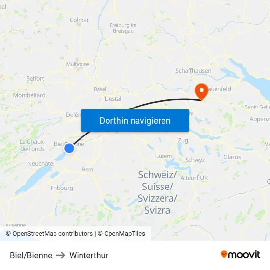 Biel/Bienne to Winterthur map