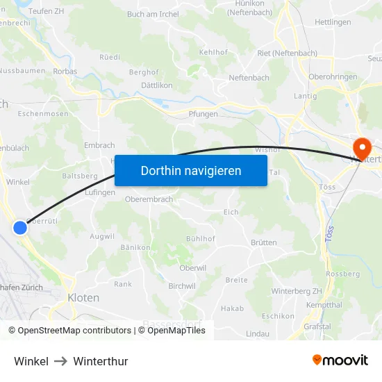 Winkel to Winterthur map