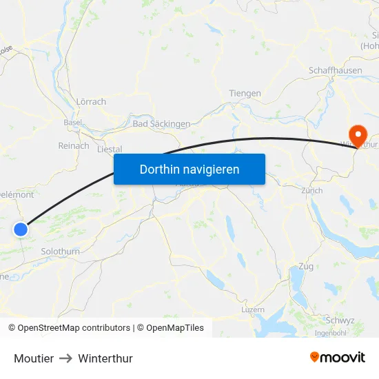 Moutier to Winterthur map