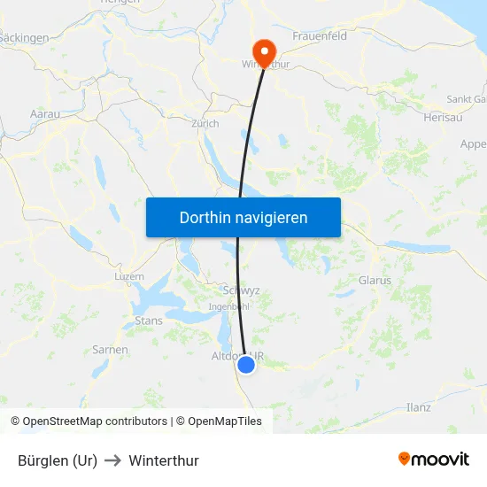 Bürglen (Ur) to Winterthur map