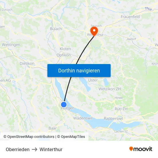 Oberrieden to Winterthur map