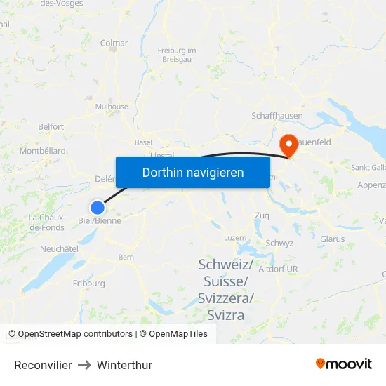 Reconvilier to Winterthur map