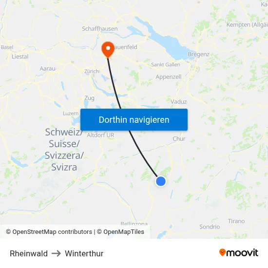 Rheinwald to Winterthur map