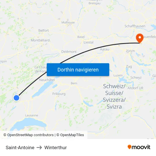 Saint-Antoine to Winterthur map
