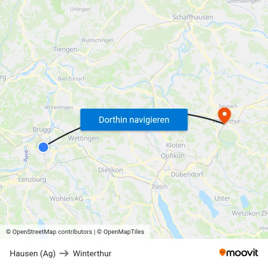 Hausen (Ag) to Winterthur map
