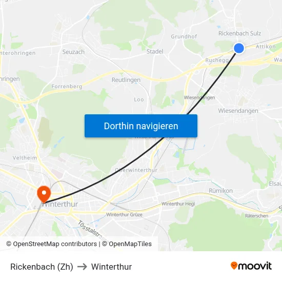 Rickenbach (Zh) to Winterthur map