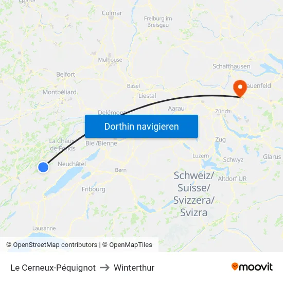 Le Cerneux-Péquignot to Winterthur map