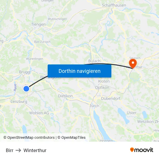 Birr to Winterthur map