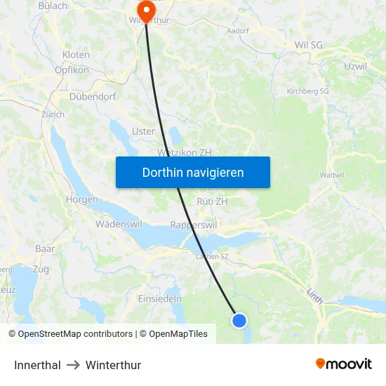 Innerthal to Winterthur map