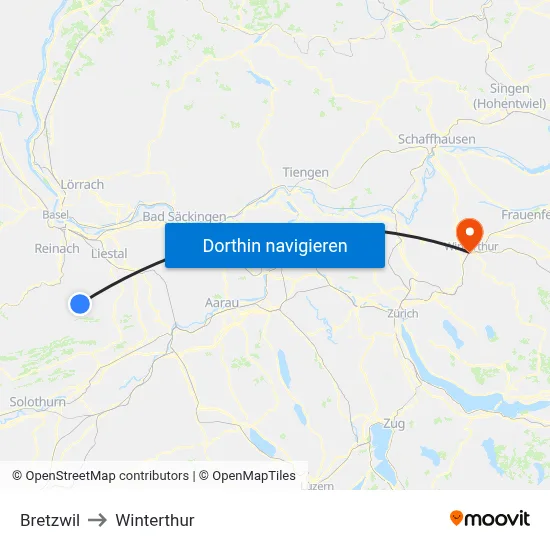 Bretzwil to Winterthur map