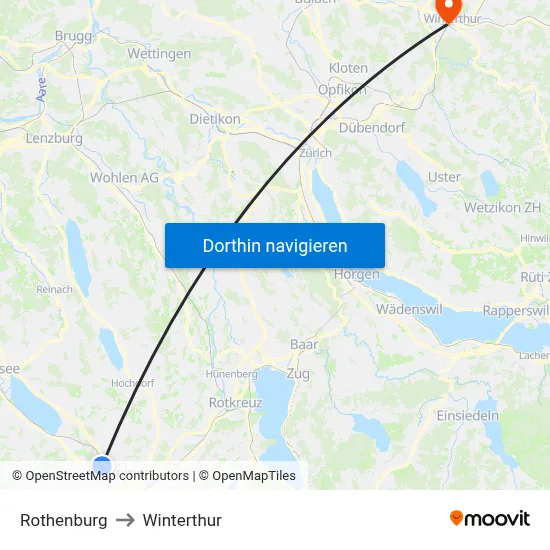 Rothenburg to Winterthur map