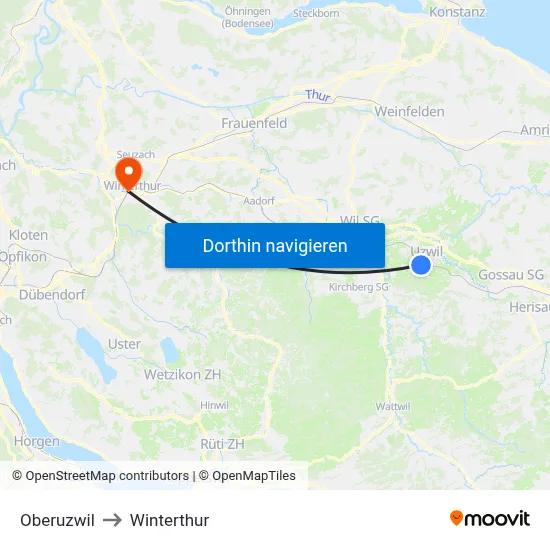 Oberuzwil to Winterthur map