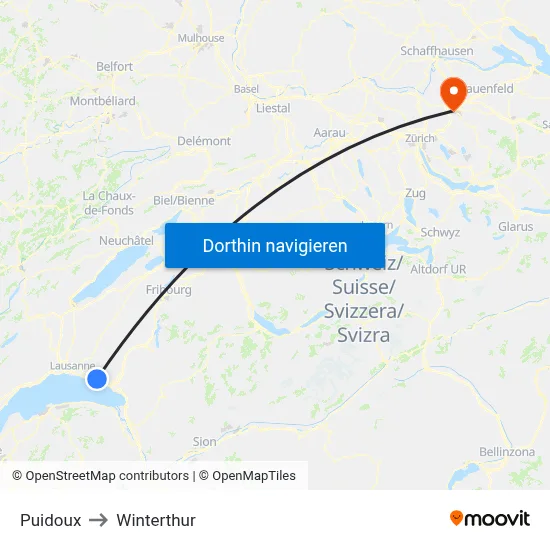 Puidoux to Winterthur map