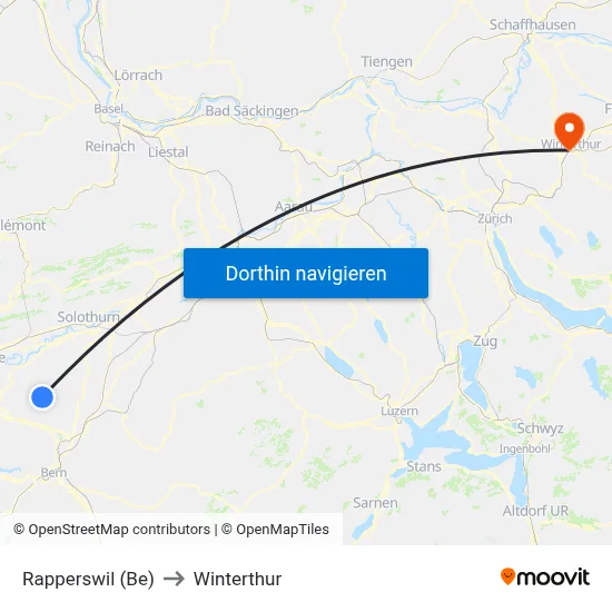 Rapperswil (Be) to Winterthur map