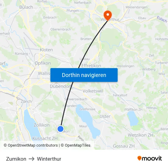 Zumikon to Winterthur map