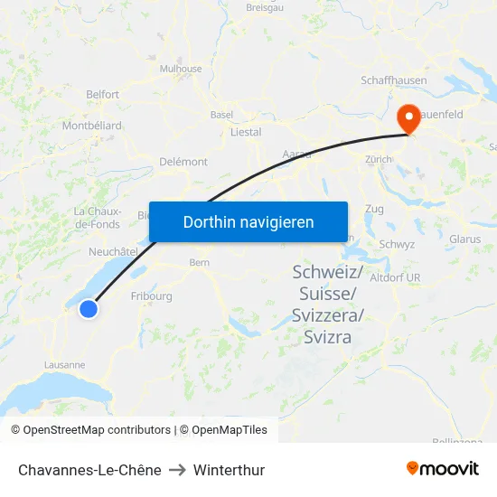 Chavannes-Le-Chêne to Winterthur map