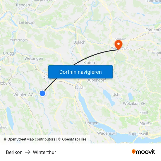 Berikon to Winterthur map